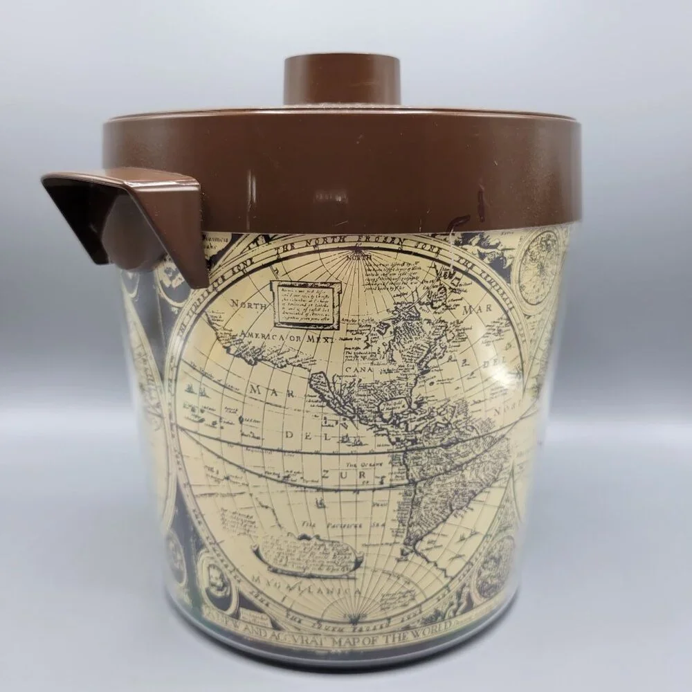 Vintage Thermo-Serv West Bend USA Brown Lid Ice Bucket With World Map Design